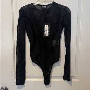 NWT- Versace Jeans Couture Sheer Black Bodysuit- Chain Pattern, 36; MSRP:$275